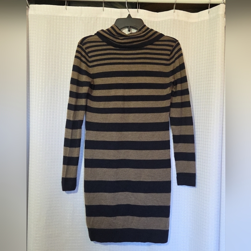 Ann Taylor Loft Merino Wool Blend Cowl Neck Sweater Dress Size S Navy And Brown - Picture 4 of 8